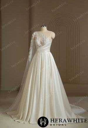One Shoulder A-line Wedding Dress With Beading Lace