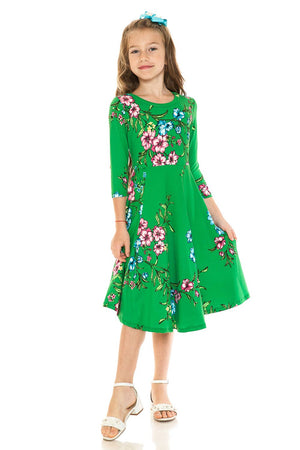 Girl's Princess Seam A-Line Dress with Full Skirt: MUSTARD FLORAL / S (5/6Y)
