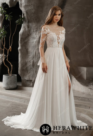 Chiffon Illusion Lace Bridal Dress with Dreamy A-line Skirt