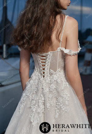 Floral Appliques V-Neck Grace Wedding Dress with Corset Back