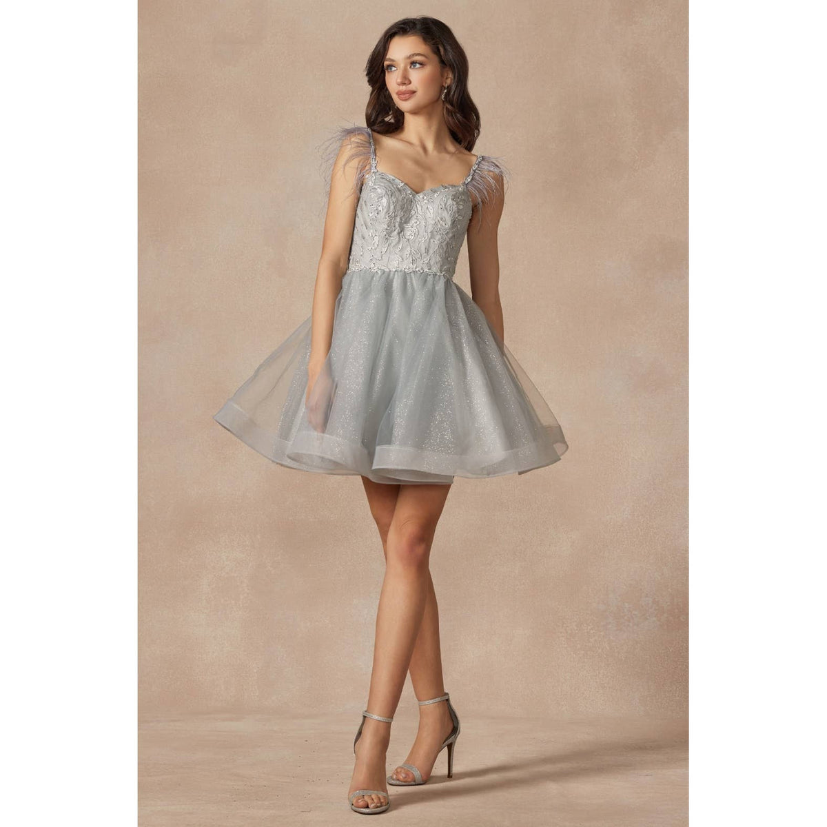 FEATHER STRAPS SHEER BODICE SHORT DRESS