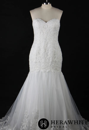 Strapless Embroidered Lace Fit and Flare Wedding Gown