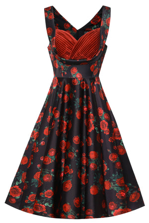 Grace Vintage Style Jive Dress In Black Red Rose