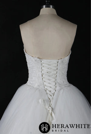 Strapless Beaded Lace Ball Gown With Corset Bodice