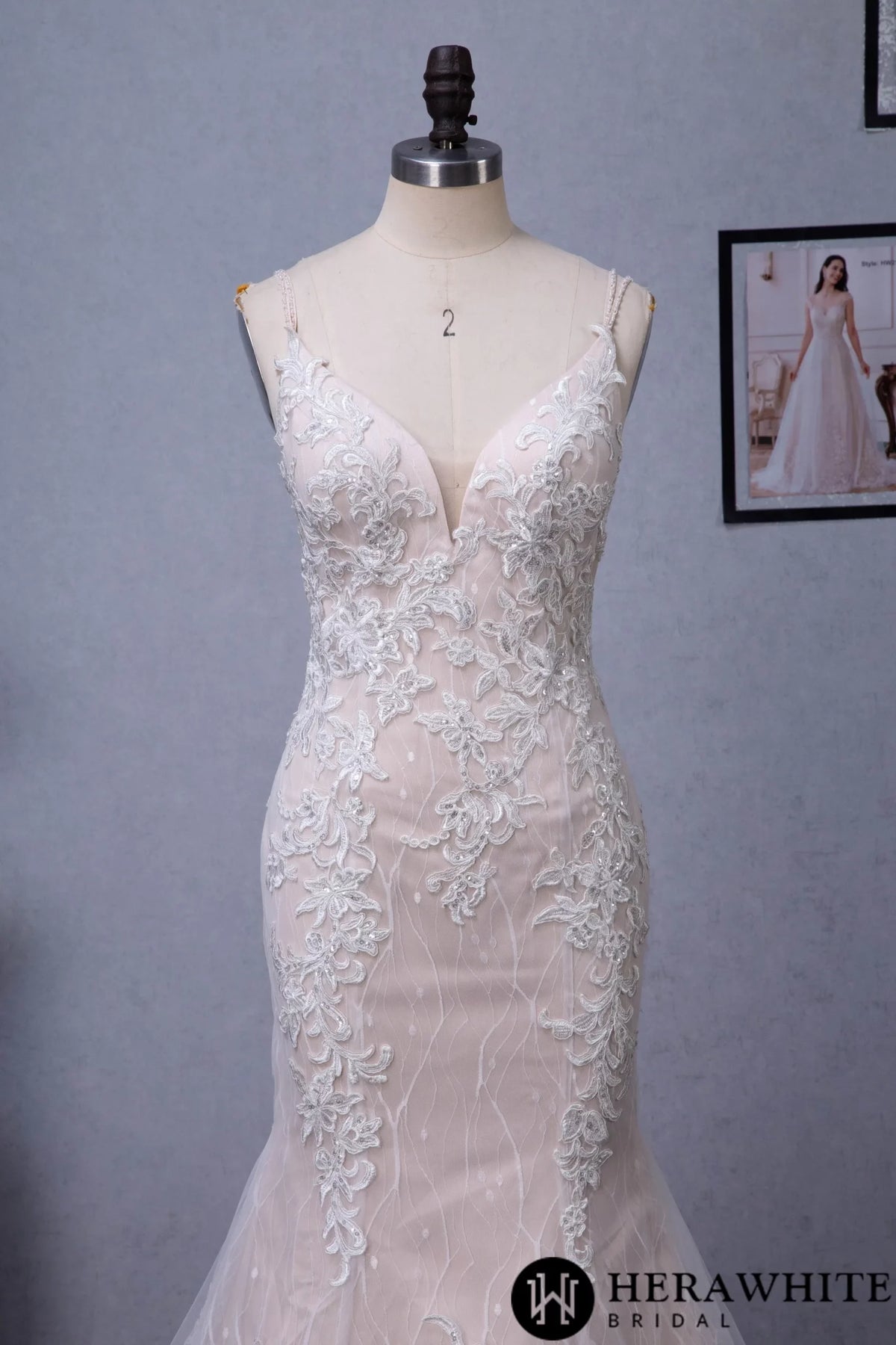 Pink Nude Fit And Flare With Beaded Straps Floral Lace Wedding Dress