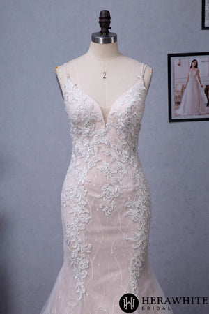 Pink Nude Fit And Flare With Beaded Straps Floral Lace Wedding Dress
