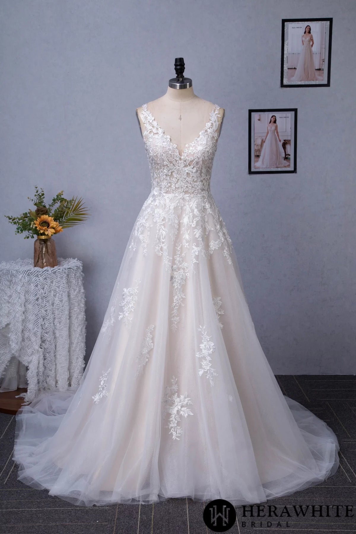 Illusion V-neckline A-Line Lace Straps Bridal Gown