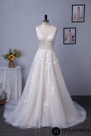 Illusion V-neckline A-Line Lace Straps Bridal Gown
