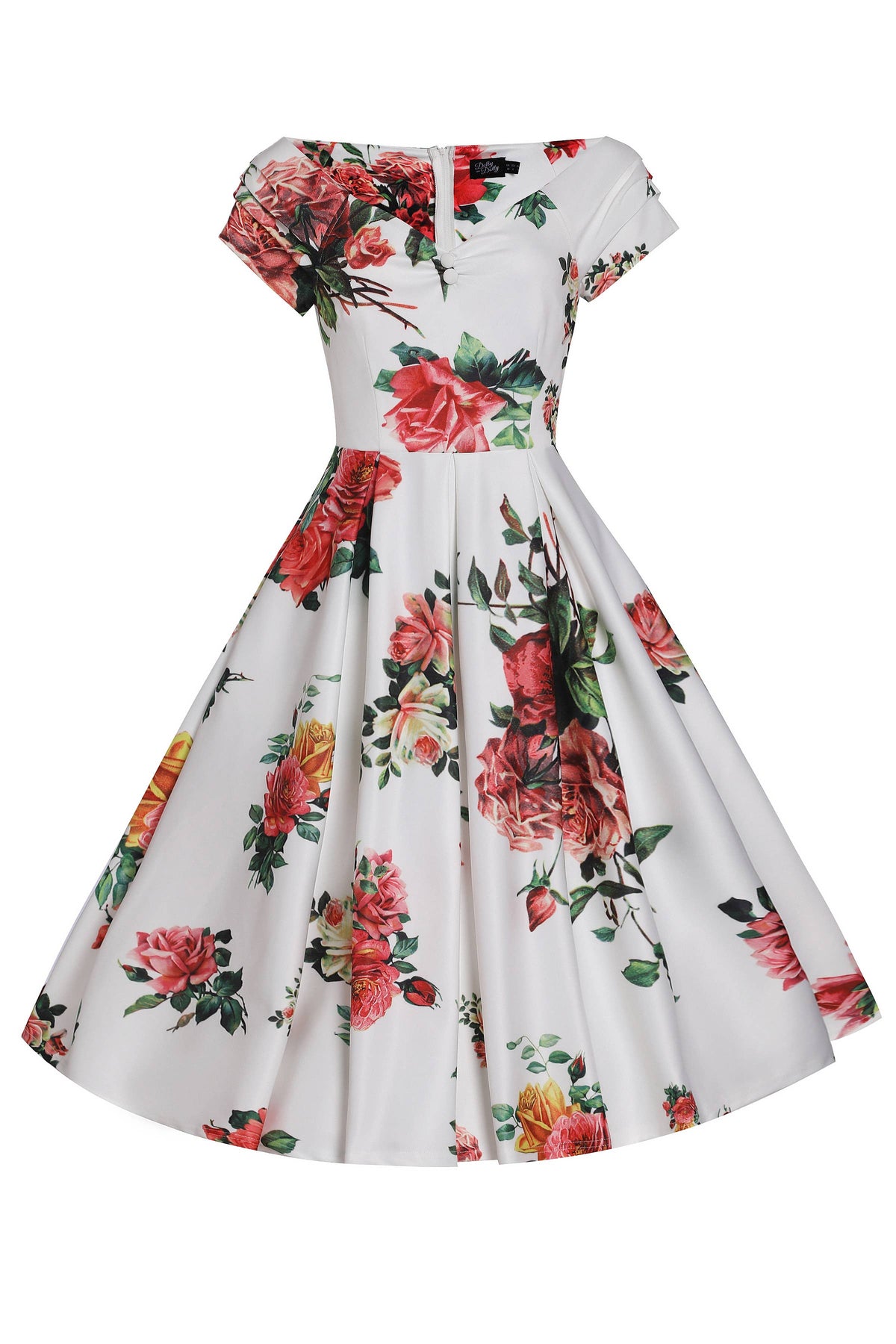 Off Shoulder Flared Pocket Dress White Pink Yellow Roses