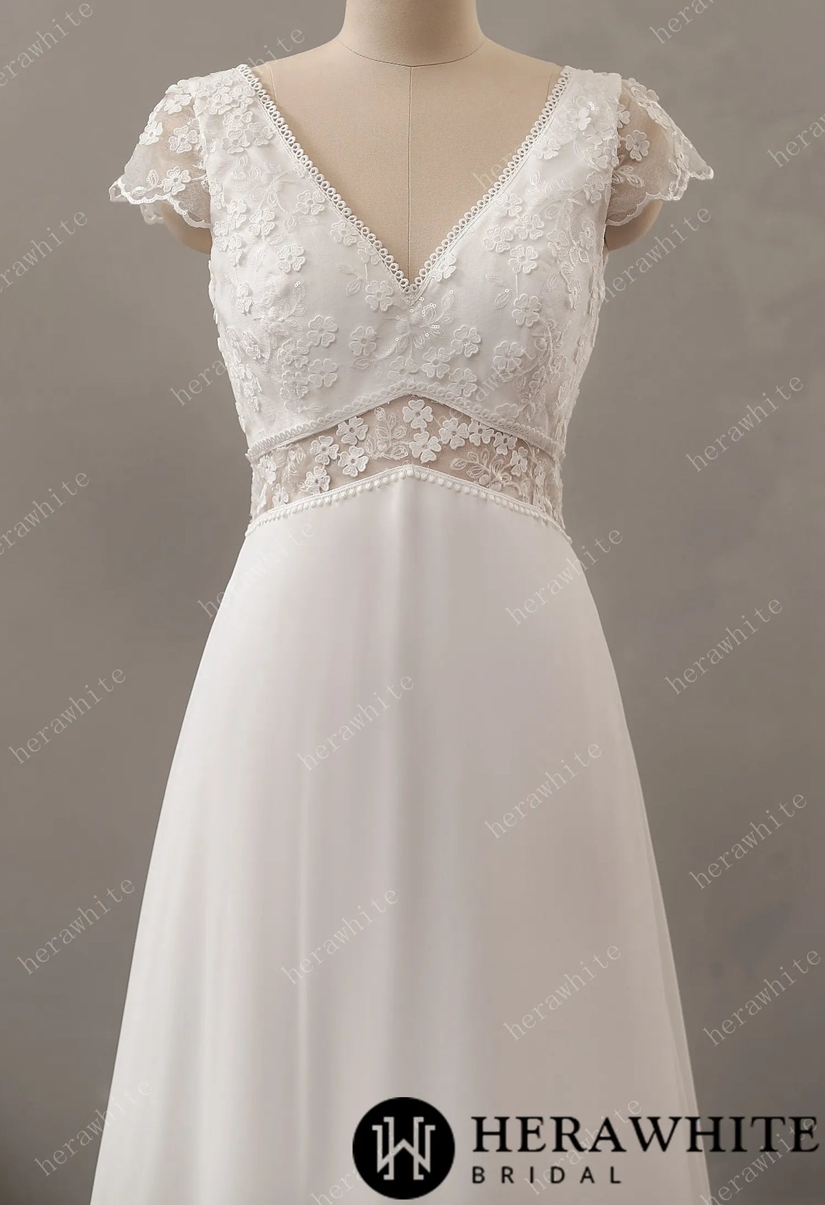 Illusion Floral Lace Wedding Dress with Chiffon Skirt