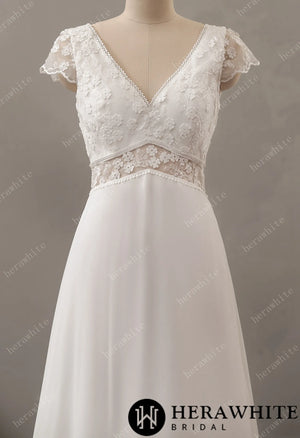 Illusion Floral Lace Wedding Dress with Chiffon Skirt