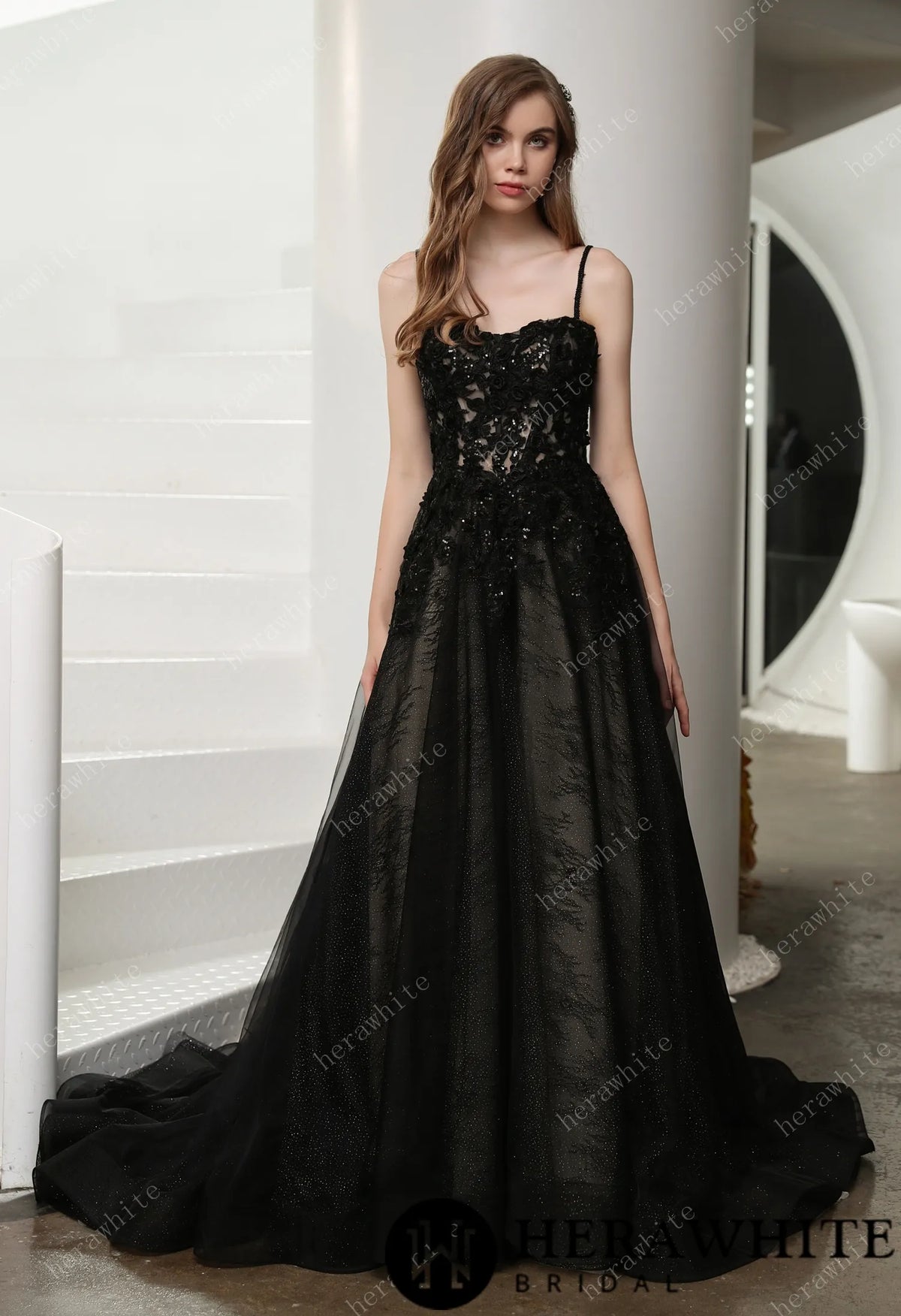 Black Illusion Lace Wedding Dress with Detachable Long Sleeves