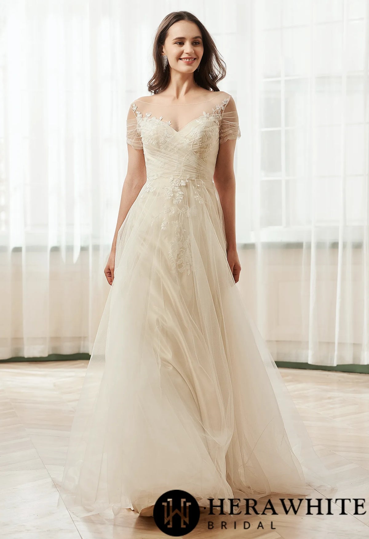 Romantic Off the Shoulder Illusion Pleated Bodice Tulle Bridal Gown