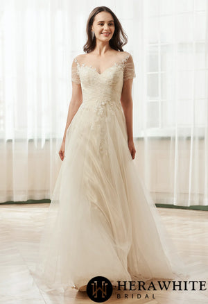 Romantic Off the Shoulder Illusion Pleated Bodice Tulle Bridal Gown