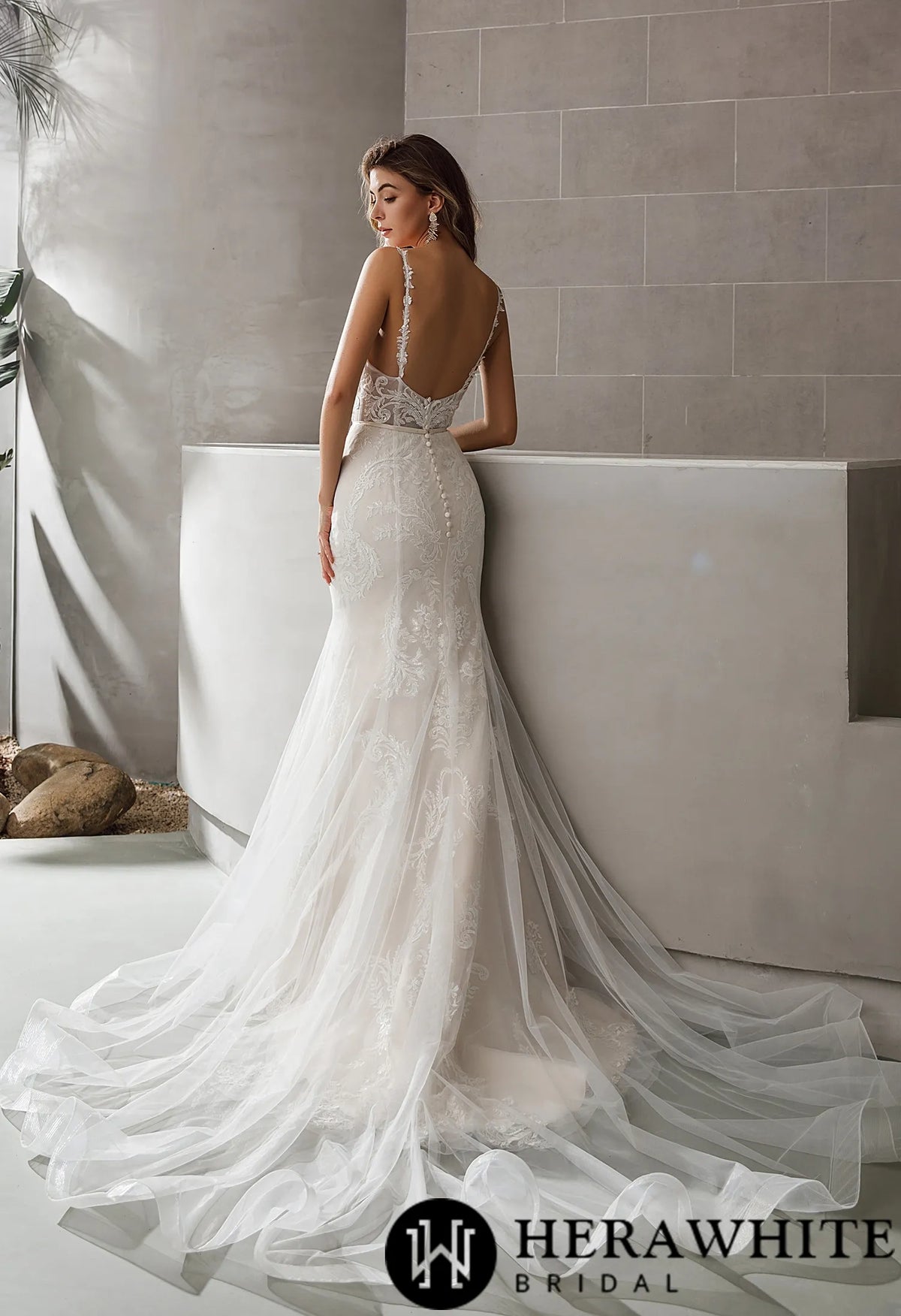 Geometric Lace Fit and Flare Bridal Gown With Sheer Train