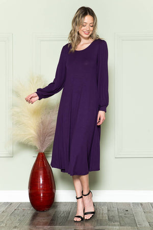 Bishop Sleeve Midi Dress: EGGPLANT / S