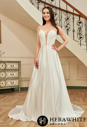 Beaded Deep V-neckline Satin A-Line Pockets Wedding Dress
