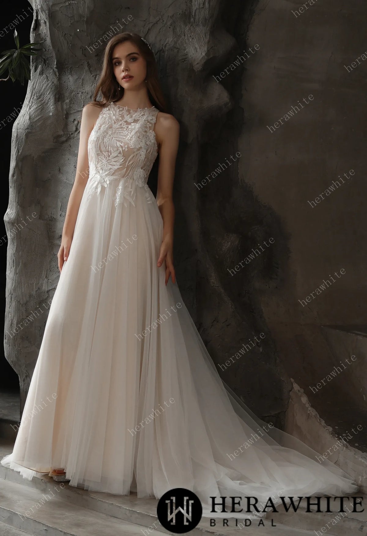 Bateau Neckline A-line Wedding Gown with Sequined Lace