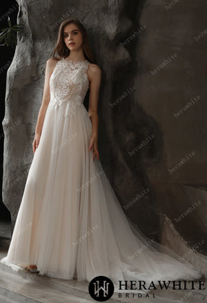 Bateau Neckline A-line Wedding Gown with Sequined Lace