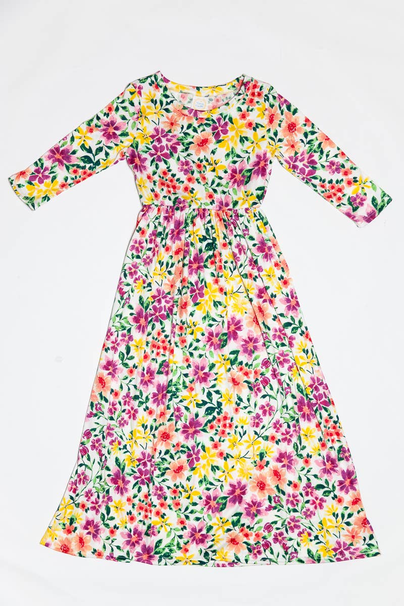 Girls Fit and Flare Floral Maxi Dress: FLORAL ORANGE / L