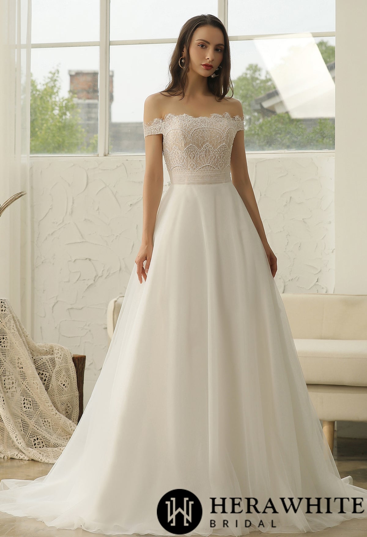 Off-The-Shoulder  Beading Lace Pleating Wholesale Wedding Dress
