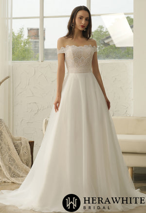Off-The-Shoulder  Beading Lace Pleating Wholesale Wedding Dress