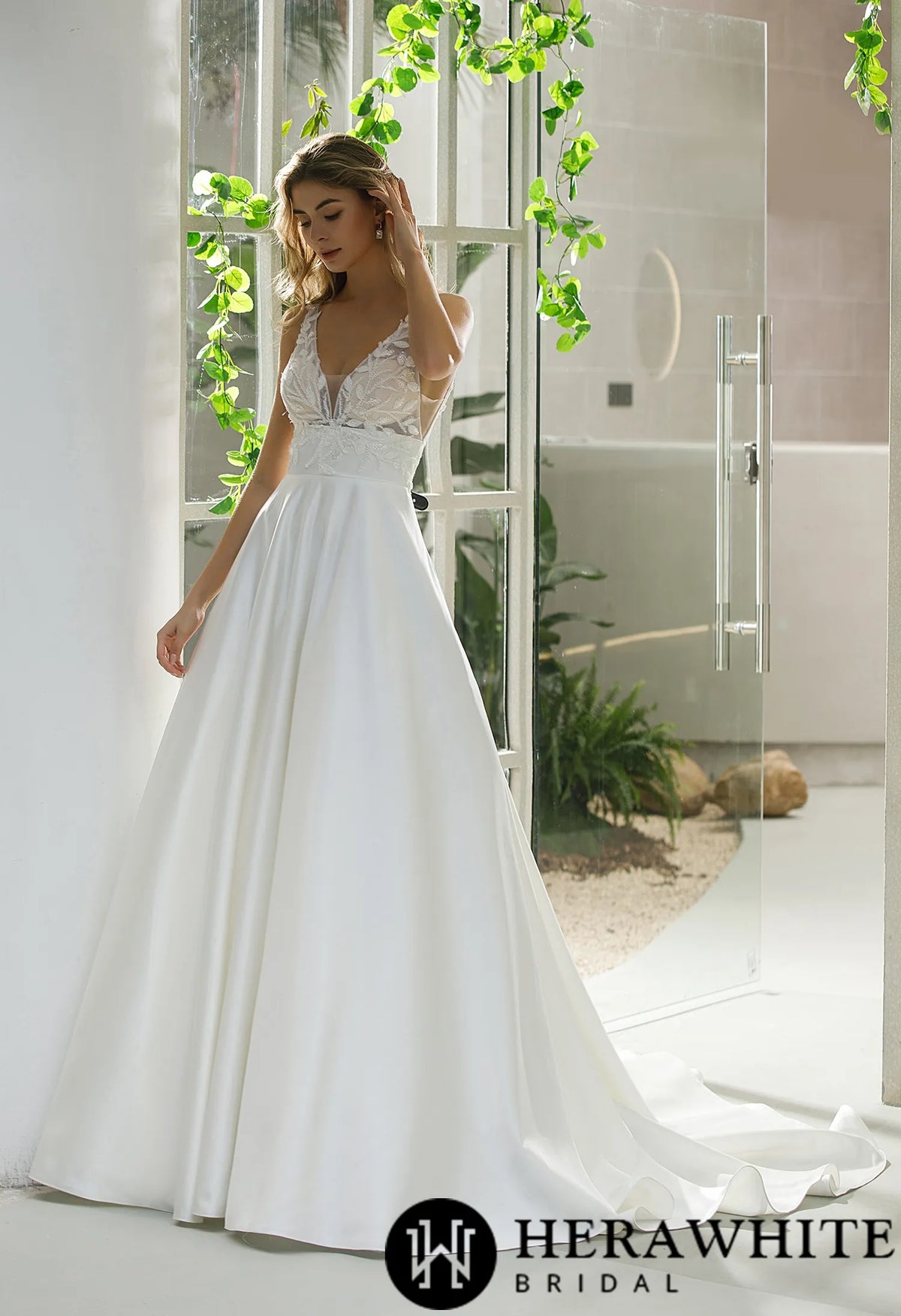 Illusion Bodice Satin A-line Bridal Gown With Pockets