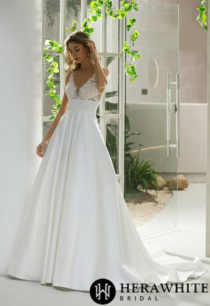 Illusion Bodice Satin A-line Bridal Gown With Pockets