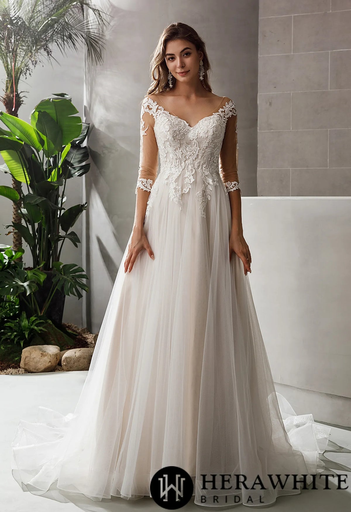Gorgeous Lace A-line Bridal Gown With 3/4 sleeves