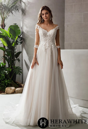 Gorgeous Lace A-line Bridal Gown With 3/4 sleeves