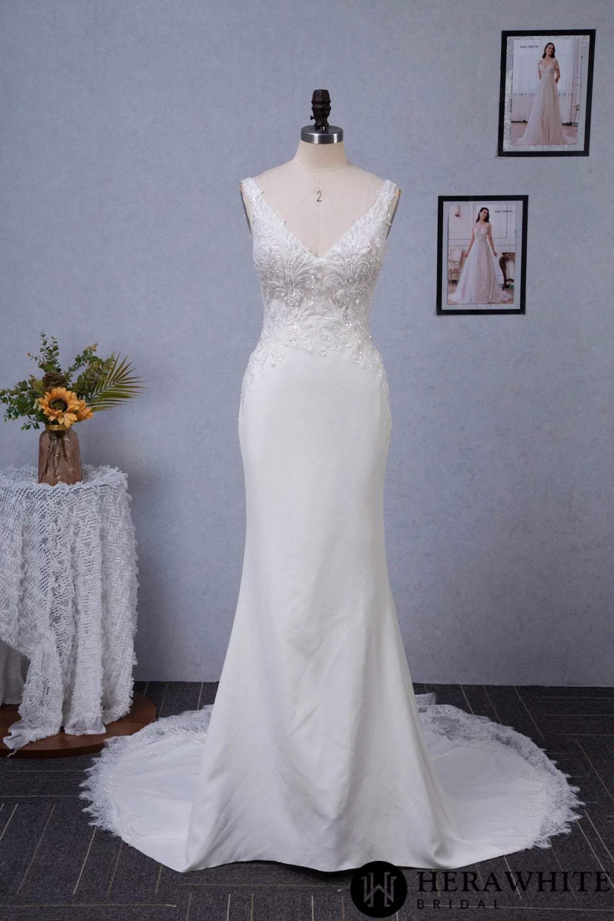 Motifs Crepe Sheath Shaped Court Lace Train Wedding Dress
