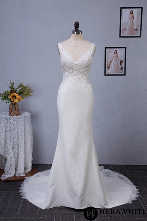Motifs Crepe Sheath Shaped Court Lace Train Wedding Dress