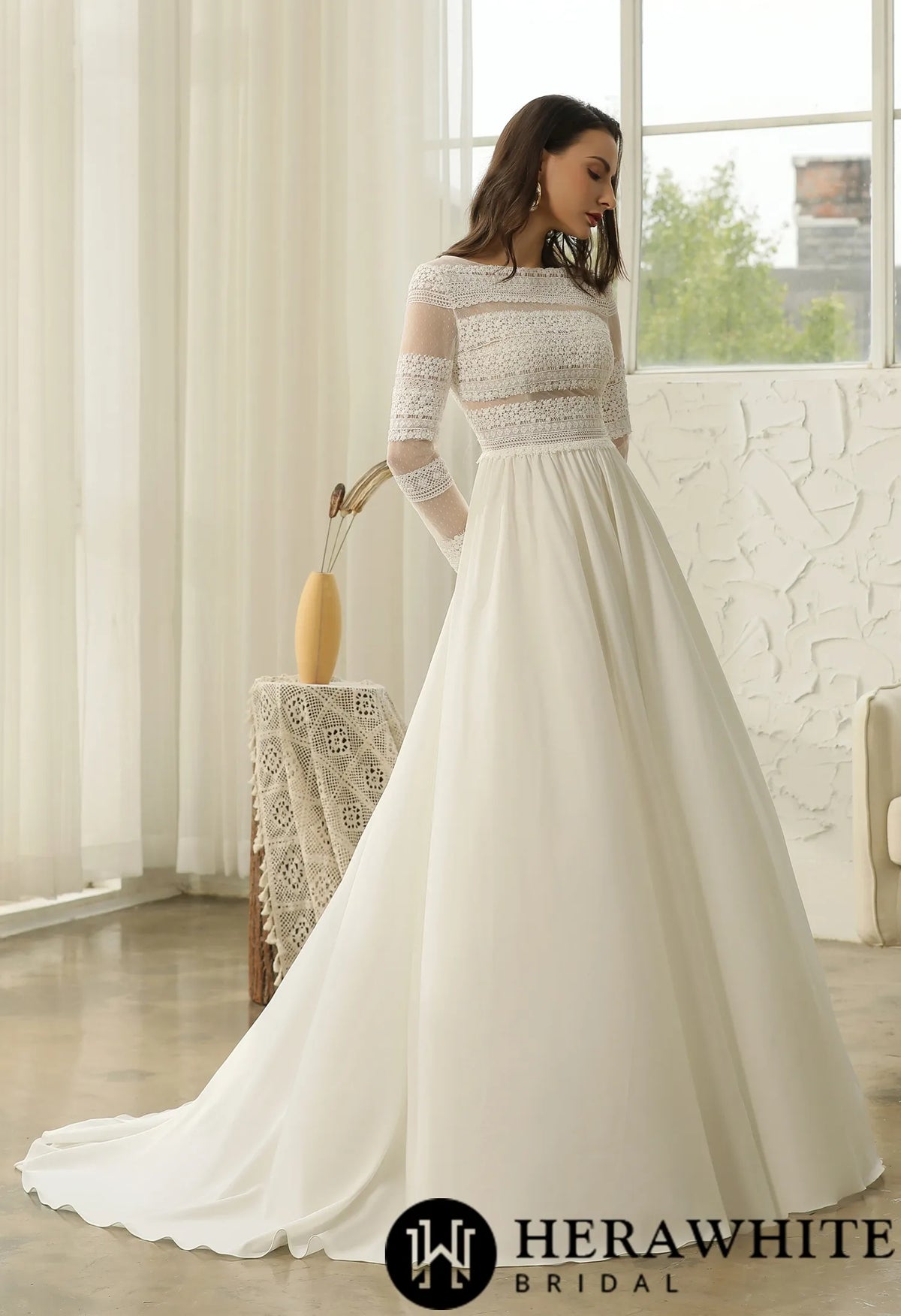 Long Sleeve Lace  A-line Boho Wedding Dress
