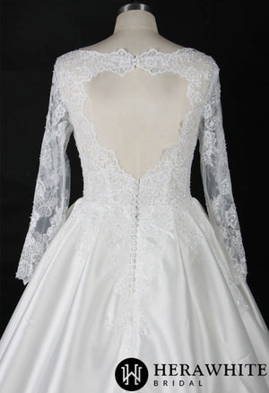 Elegant Long Sleeves Satin Wedding Gown With Lace Keyhole Back