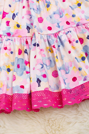 FLORAL PRINTED FLARE DRESS WITH FUCHSIA HEM. DRG15144019 LOI: S