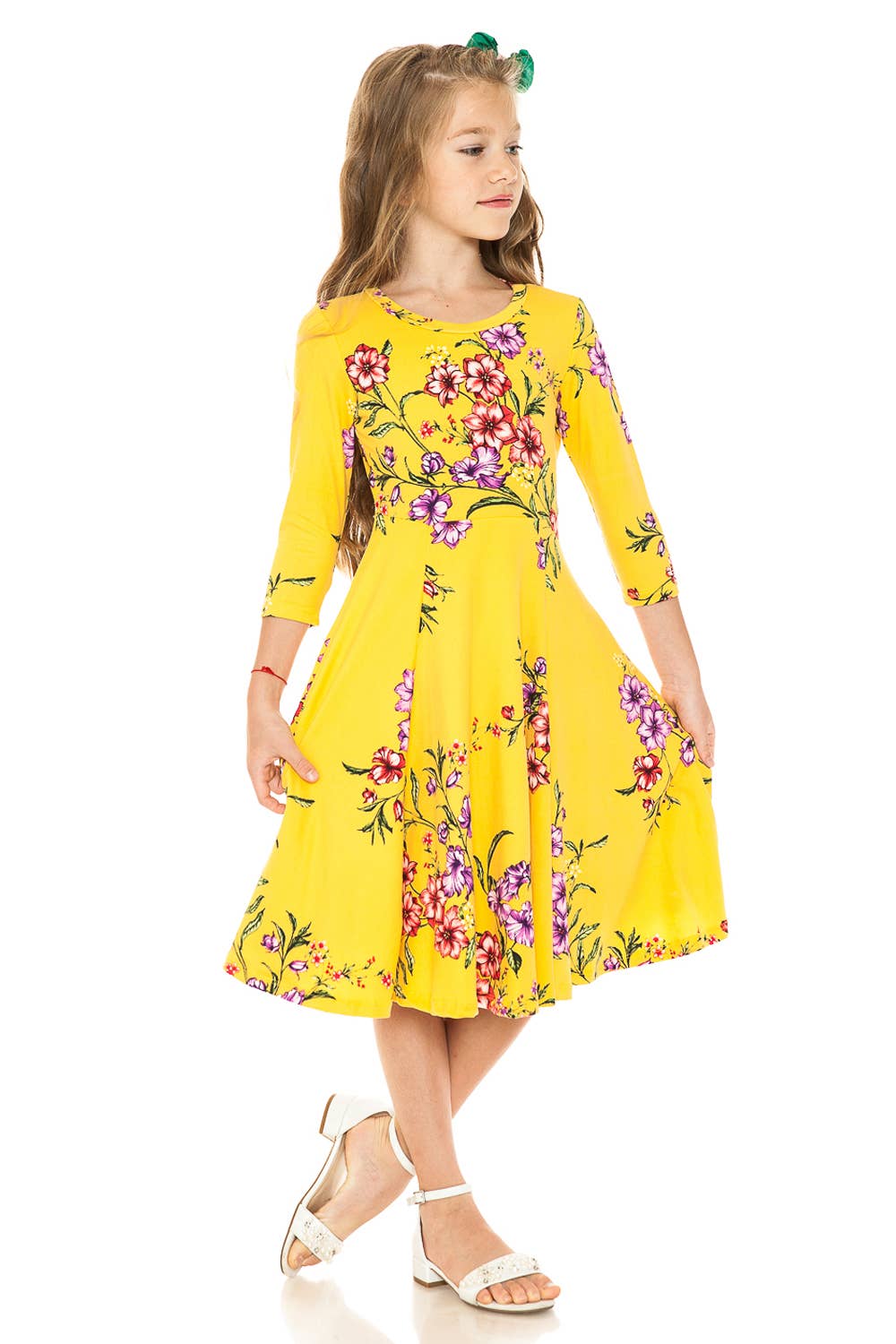 Girl's Princess Seam A-Line Dress with Full Skirt: MUSTARD FLORAL / L (9/10Y)
