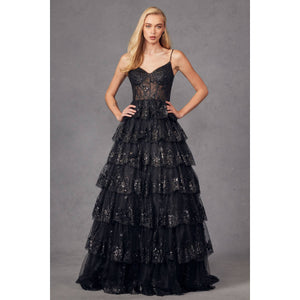 RUFFLE TULLE LACE SEQUIN BALL GOWN WITH SHEER CORSET BODICE
