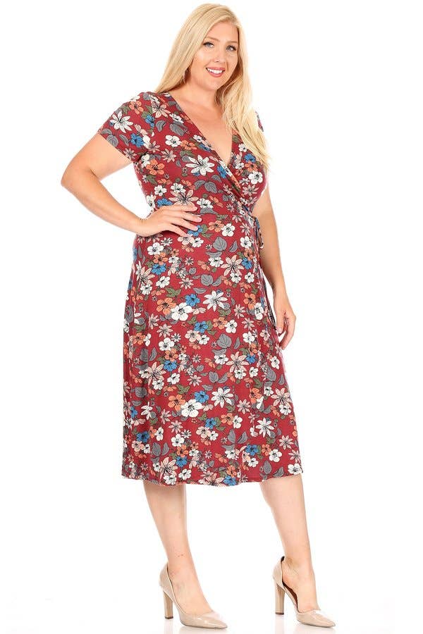 Plus size Floral dress-X203025D: 3X / Wine