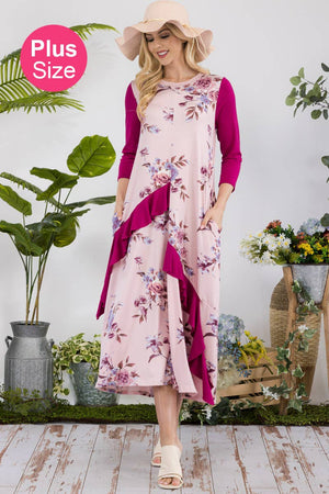 PLUS SIZE FLORAL CONTRAST MID-DRESS WITH RUFFLES -CD43841C-P