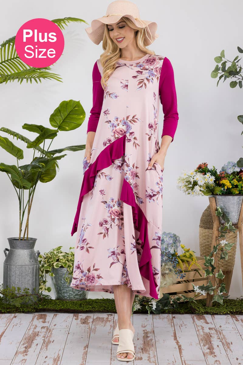 PLUS SIZE FLORAL CONTRAST MID-DRESS WITH RUFFLES -CD43841C-P