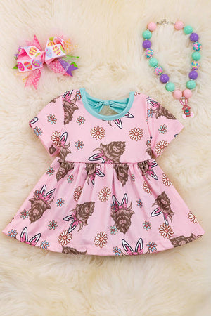 HIGHLAND COW WITH EASTER EARS BABY DRESS. RPG20144009 SOL: 6-12M
