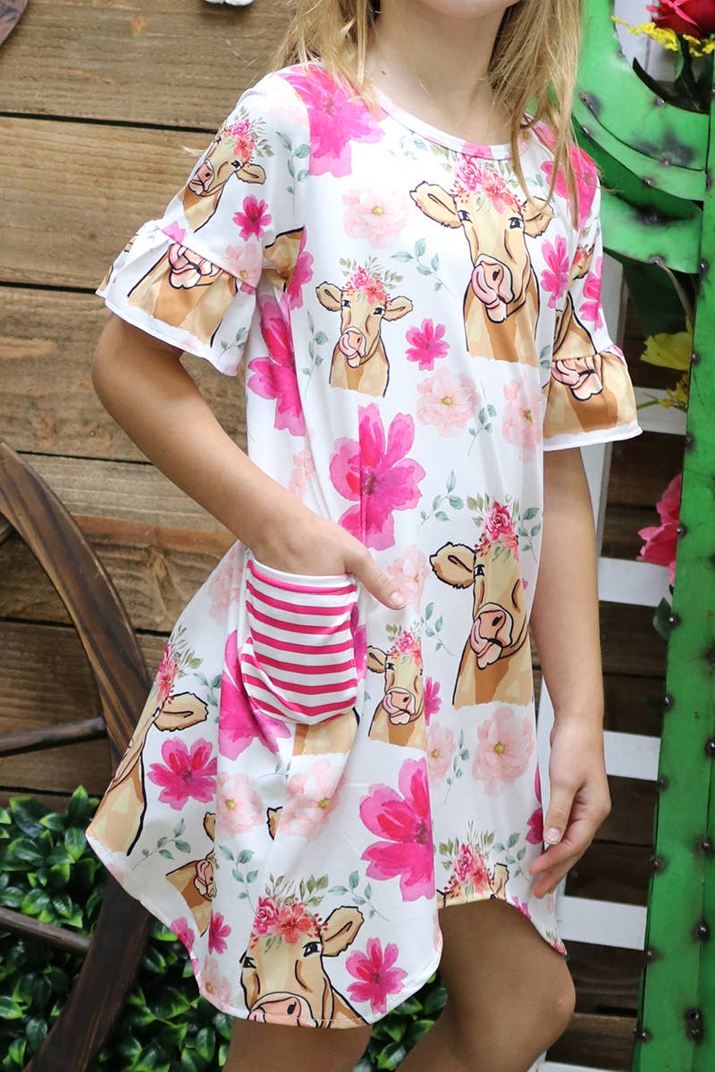 COW PRINTED DRESS WITH SIDE POCKETS. GSD021501-AMY: 5-6