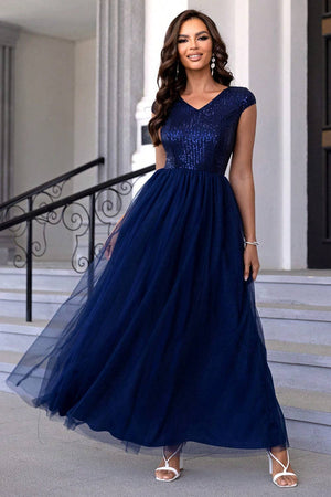 Sequin V-Neck Mesh Maxi Dress: Navy / XS