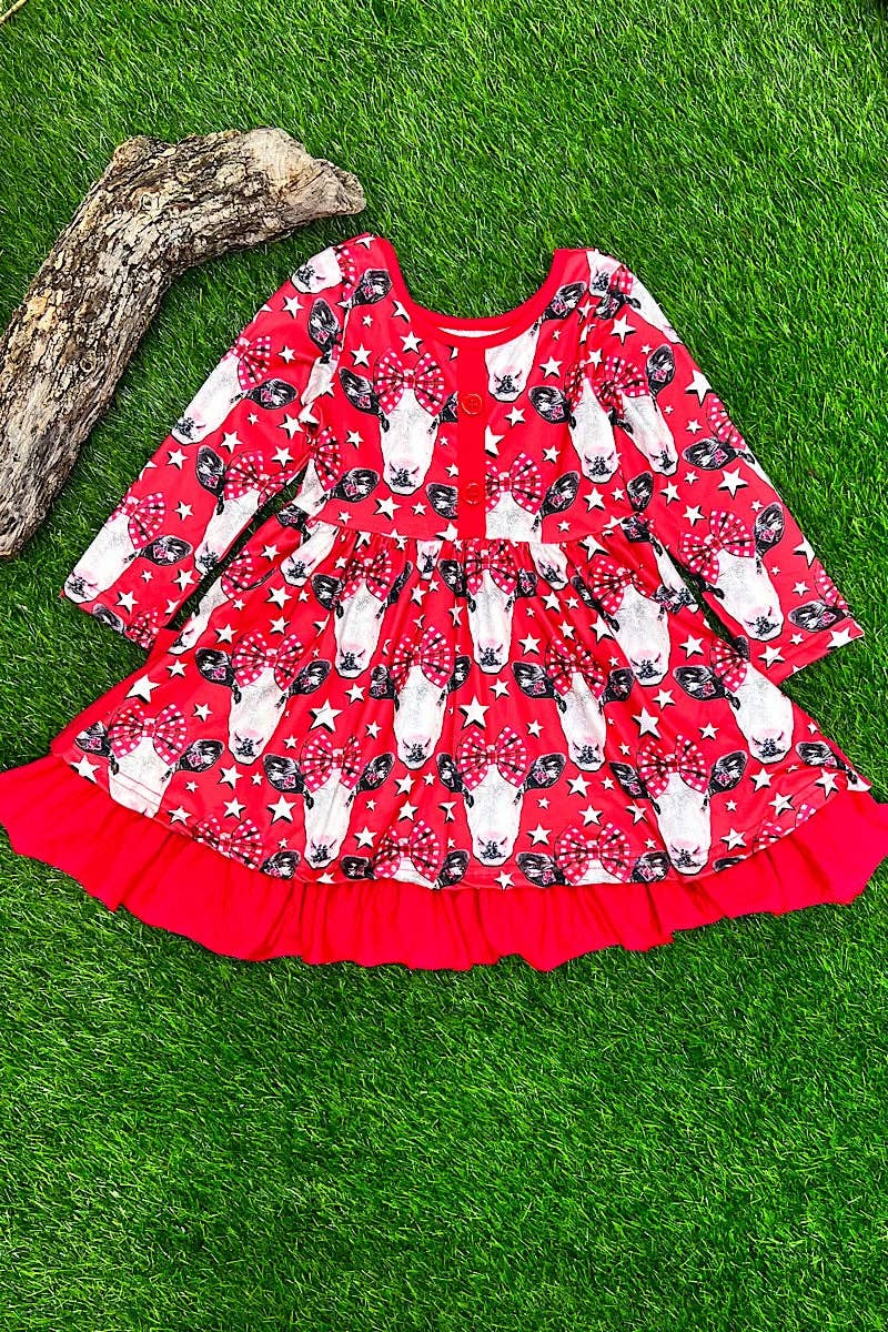 🔶COW PRINTED FLARE & RUFFLE HEM. DRG651522064-LOI: 2XS