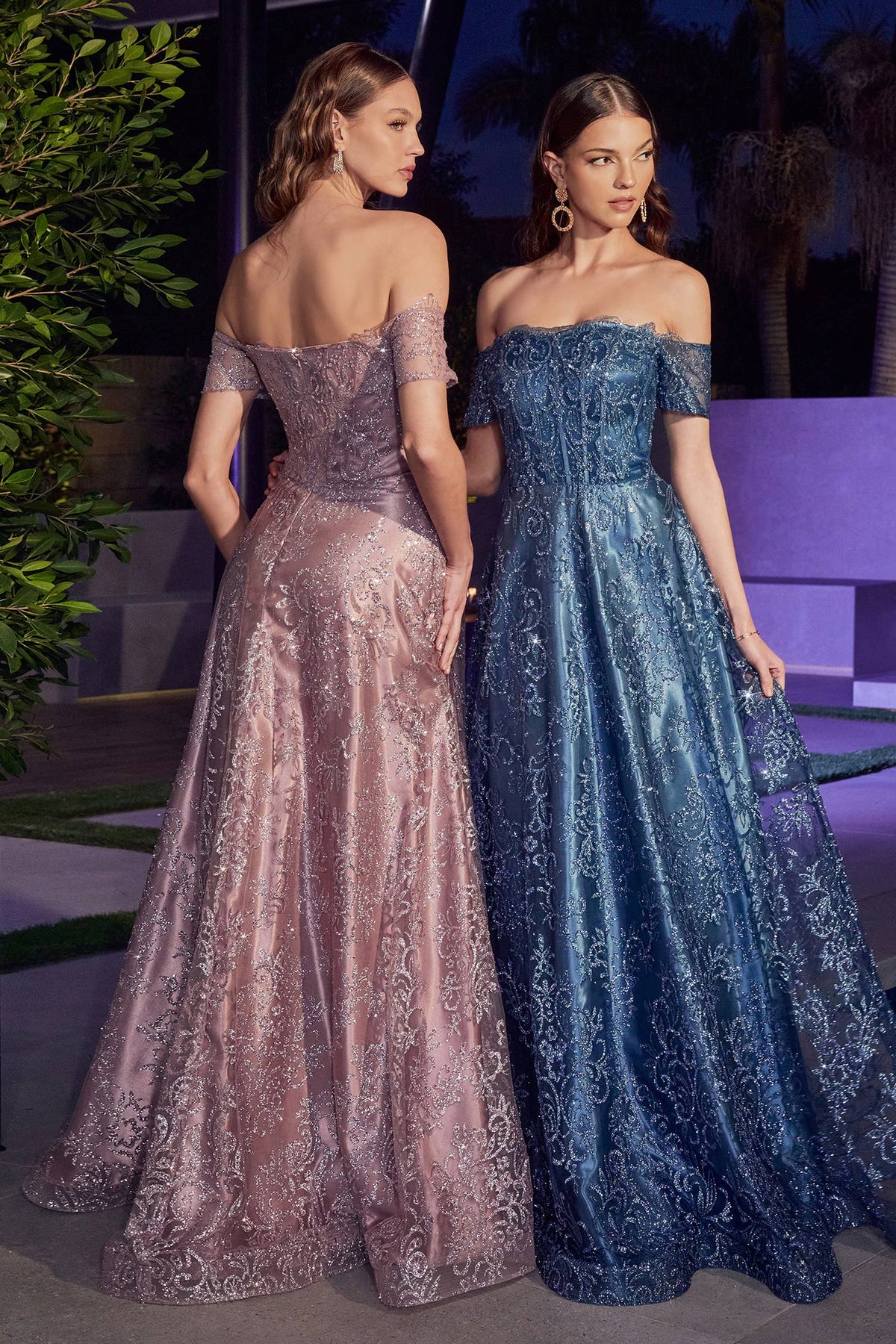 OFF THE SHOULDER GLITTER PRINT A-LINE GOWN