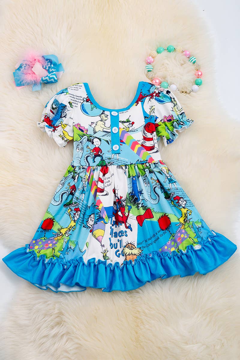 CAT IN THE HAT TURQUOISE DRESS WITH RUFFLE. DRG40198 AMY: 2XL