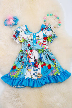 CAT IN THE HAT TURQUOISE DRESS WITH RUFFLE. DRG40198 AMY: 2XS