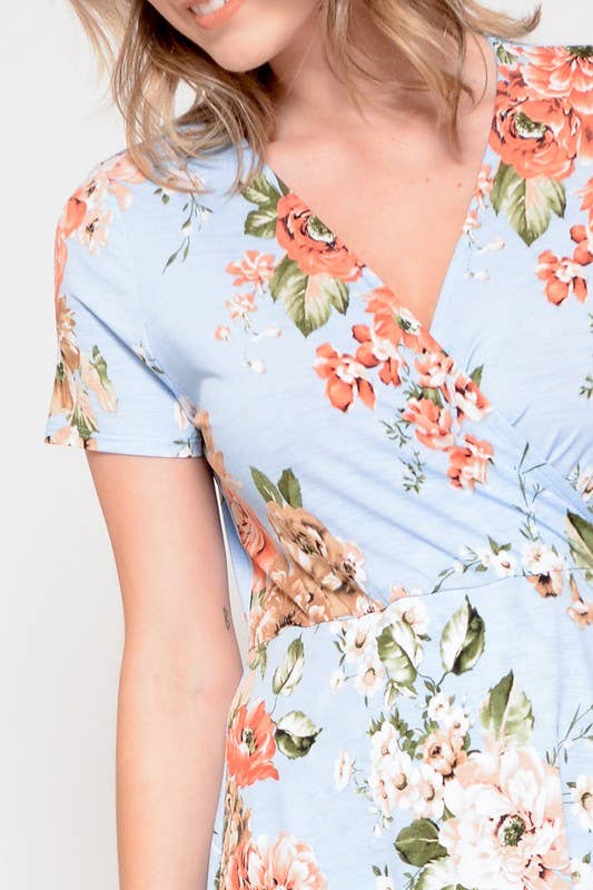 X201500D-Plus Size Floral Wrap Dress: 2X / Blue/Coral
