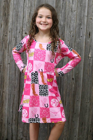 MULTI-PRINTED WESTERN PATCHES ON PINK DRESS.GLD050410-WENDY: 3T