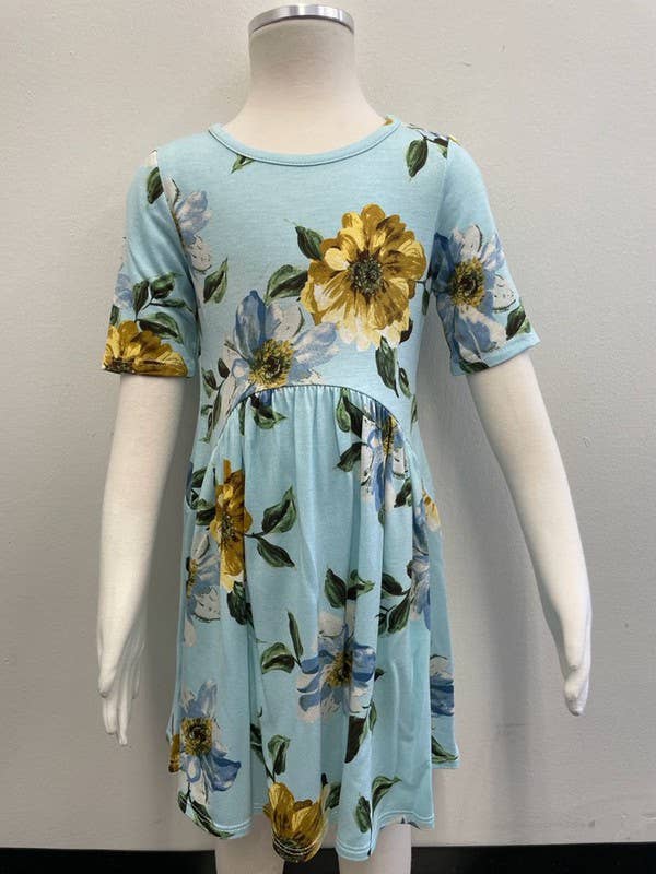 GIRLS FLORAL KNIT DRESS - K1610140D: XS / BLUE/YELLOW